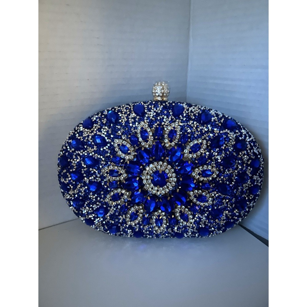 Ramala Blue Crystal Oval Clutch Chain Strap Gold Hardware Kiss Lock Beaded